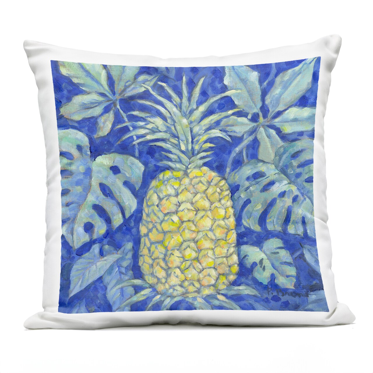 Stupell Industries Tropical Pineapple on Blue Outdoor Printed Pillow design by Paul Brent, 18 x 7 x 18